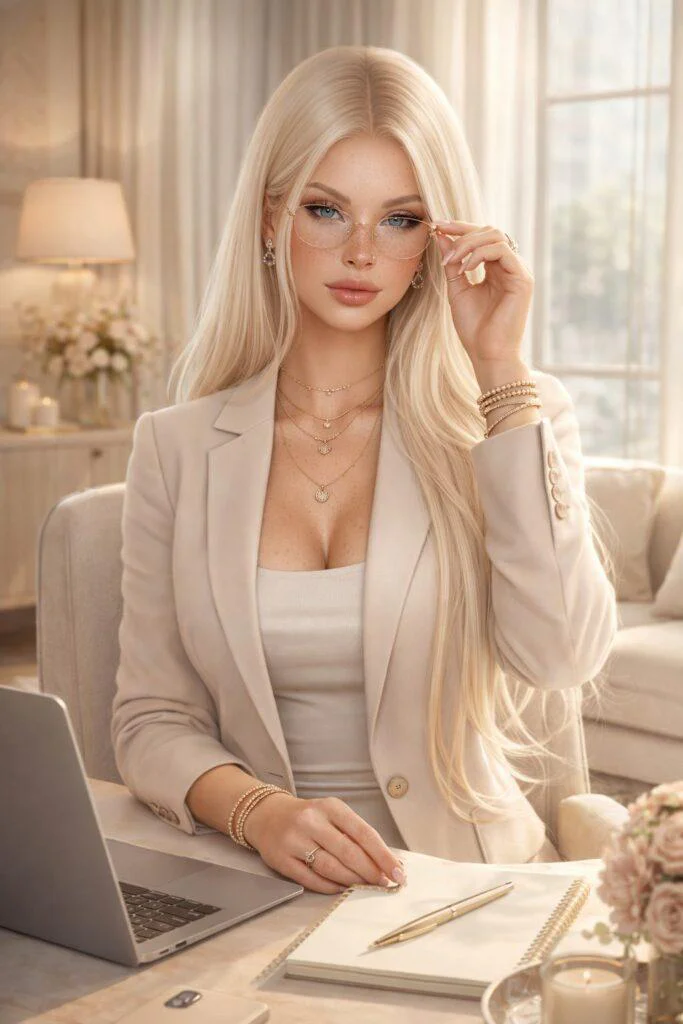 Mulher loira elegante trabalhando em escritório sofisticado com notebook em cena de prompt mulher elegante escritorio realista