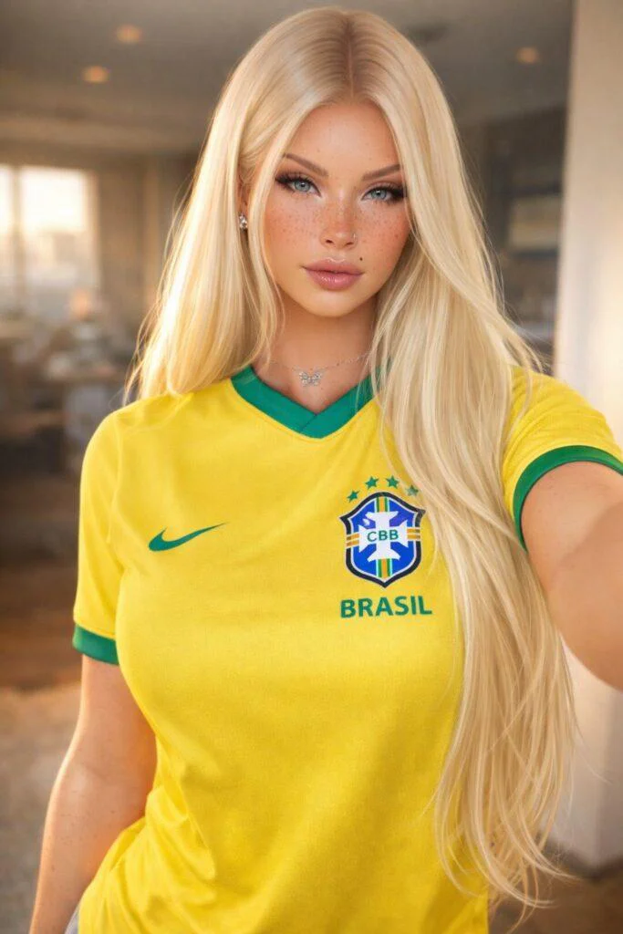 Mulher loira usando camisa da seleção brasileira em retrato realista criado com prompt mulher camisa Brasil realista em ambiente moderno