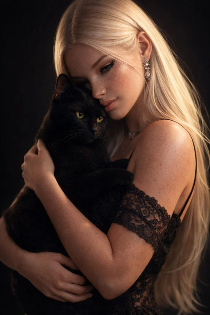 mulher loira segurando gato preto em retrato intimista com iluminação suave prompt mulher com gato realista estilo elegante