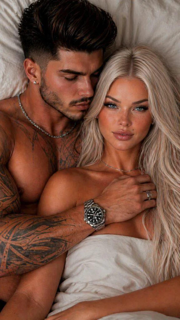 casal abraçado na cama com estética luxuosa e sensual prompt casal romantico realista fotografia íntima