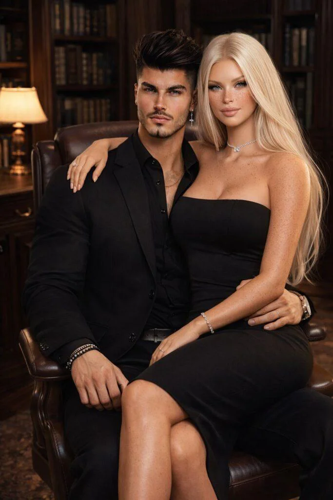 Casal elegante em biblioteca sofisticada usando roupa preta formal, estilo cinematográfico com prompt casal luxo realista IA