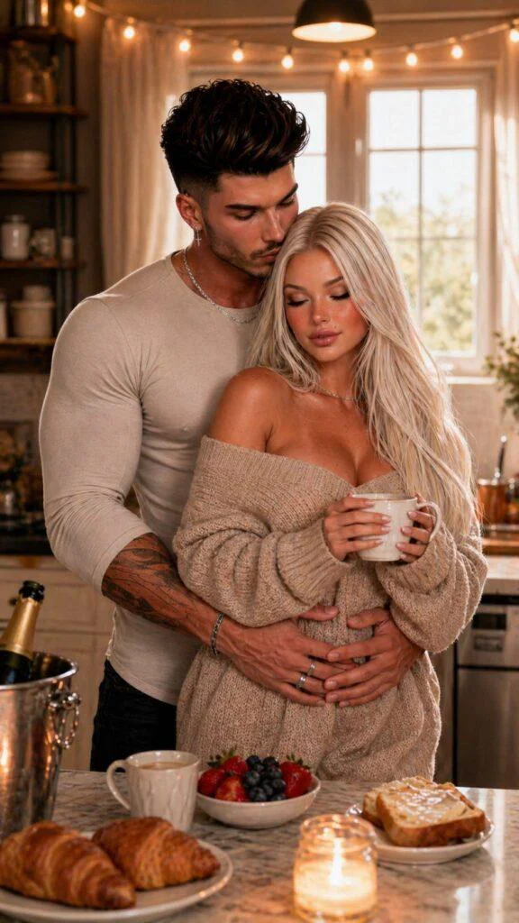 casal romantico na cozinha tomando cafe da manha com luz quente e ambiente aconchegante prompt casal romantico cozinha realista