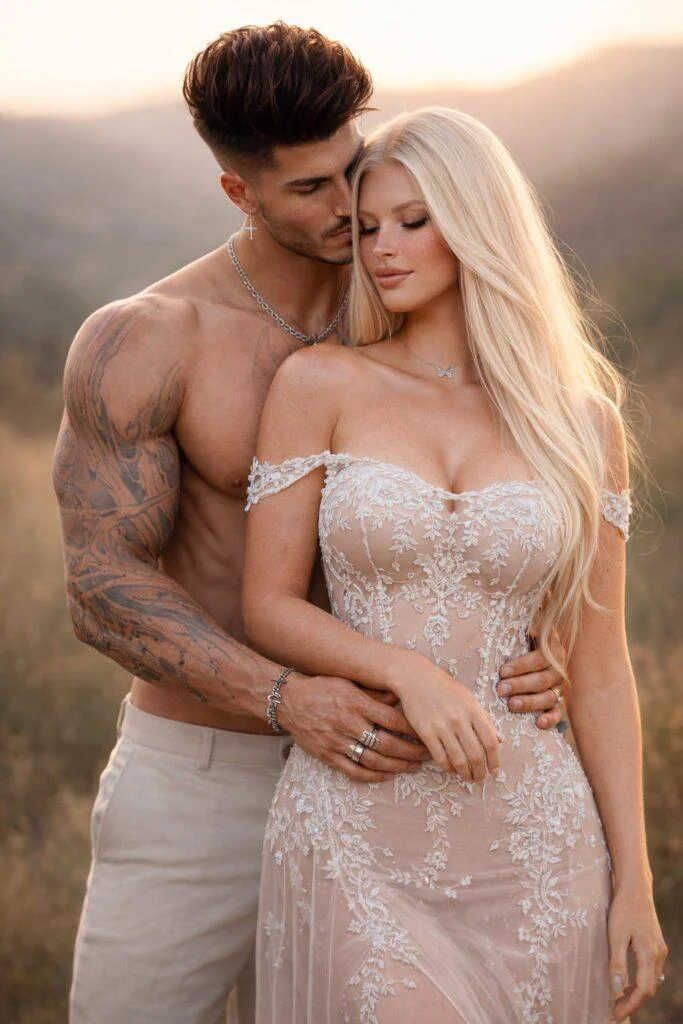 Casal apaixonado ao pôr do sol em campo aberto com vestido rendado usando prompt casal romantico cinematografico IA