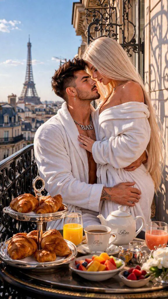 Casal elegante tomando café da manhã em varanda luxuosa com vista para a Torre Eiffel, inspirado em prompt ia casal romantico realista.