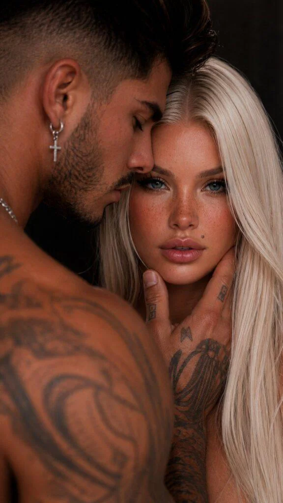 Retrato cinematográfico em close-up de casal elegante em momento íntimo, com iluminação suave, estética sofisticada e atmosfera de luxo visual