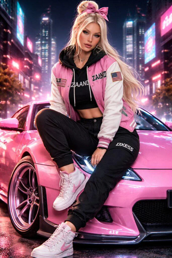Mulher estilosa sentada em carro esportivo rosa em cenário neon urbano, inspirada em prompt ia mulher carro rosa realista.