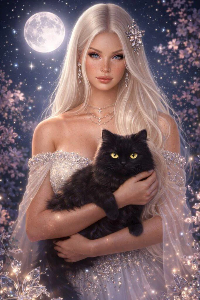 Mulher loira em cenário mágico segurando gato preto com prompt mulher fantasia gato preto IA sob céu estrelado e lua cheia