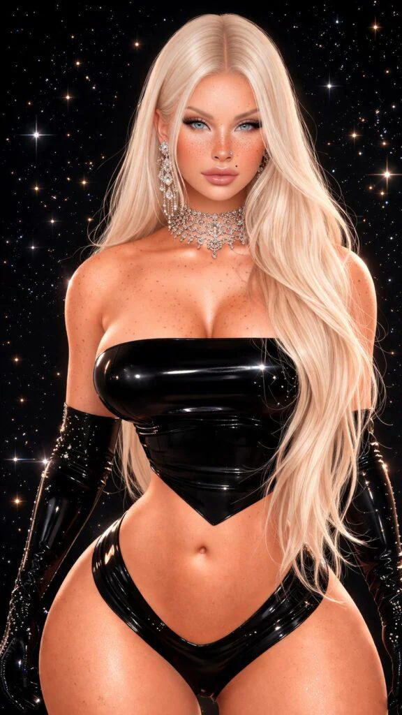 Mulher loira futurista usando roupa preta brilhante em cenário espacial com prompt mulher futurista realista IA