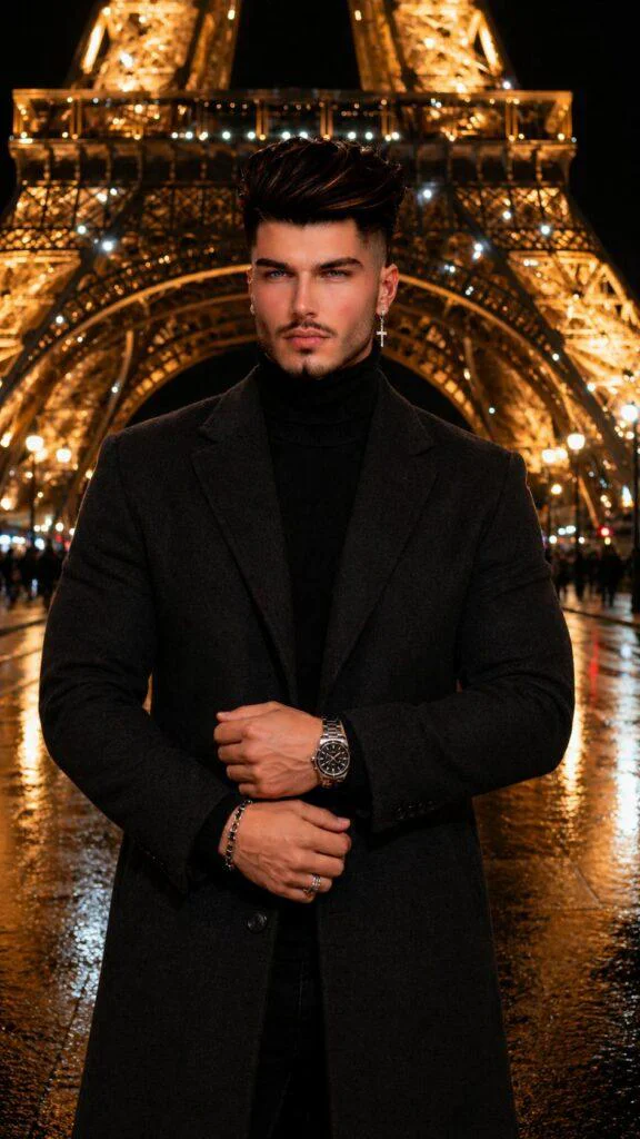 homem elegante em paris a noite com torre eiffel iluminada ao fundo prompt ia homem elegante paris