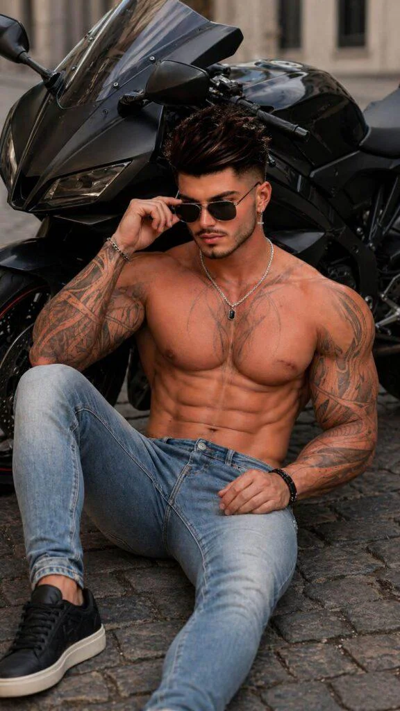 Homem tatuado musculoso sentado no chão ao lado de moto esportiva preta usando jeans e óculos escuros, prompt homem tatuado moto em cenário urbano sofisticado.