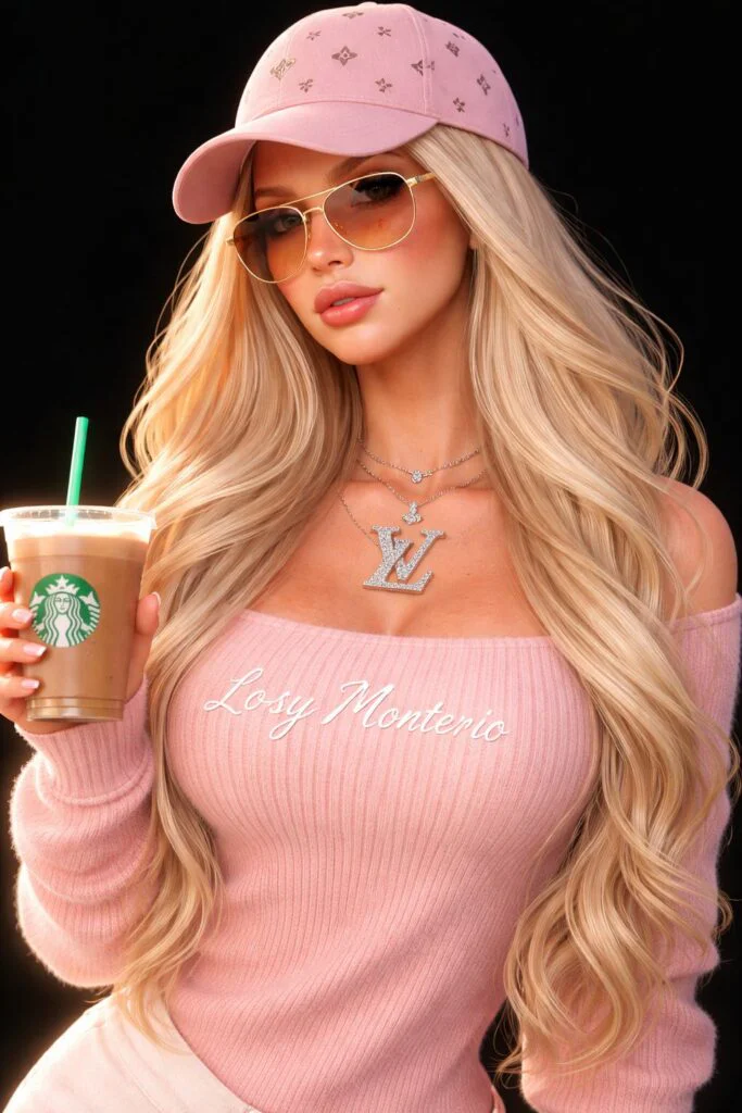 Mulher loira estilosa usando roupa rosa, óculos aviador e boné segurando café Starbucks em retrato com prompt mulher loira luxo realista
