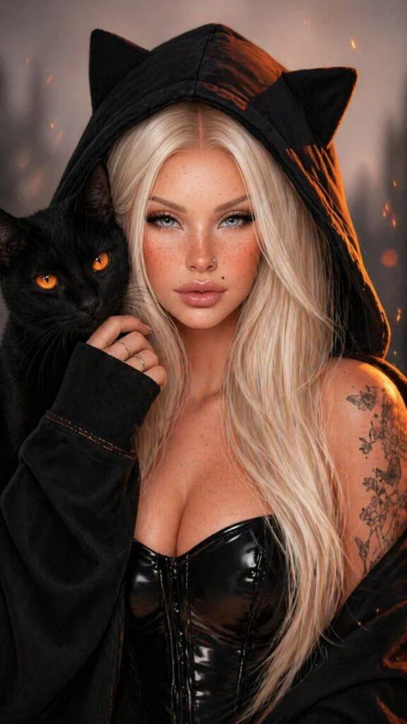 Mulher loira de olhos claros usando capuz preto com orelhas de gato ao lado de gato preto de olhos âmbar em retrato aesthetic premium com iluminação cinematográfica.