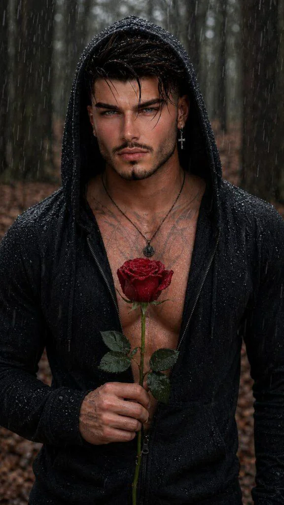 Homem de capuz segurando rosa vermelha na floresta sob chuva intensa, estilo cinematográfico, prompt homem misterioso chuva