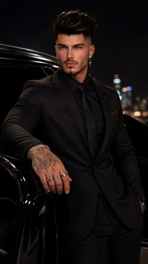 Homem elegante de terno preto apoiado em carro de luxo à noite com prompt homem elegante carro luxo IA