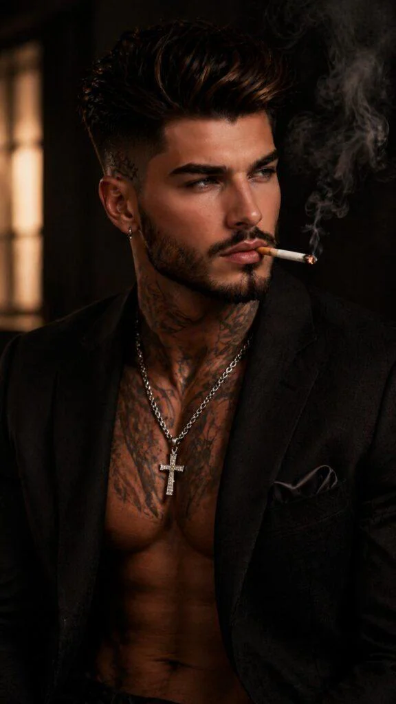 homem estiloso fumando com tatuagens e blazer preto retrato realista prompt ia atmosfera sofisticada