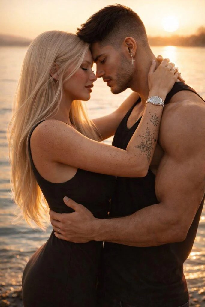 Casal abraçado ao pôr do sol na praia em estilo cinematográfico, inspiração para prompt ia casal romantico realista.
