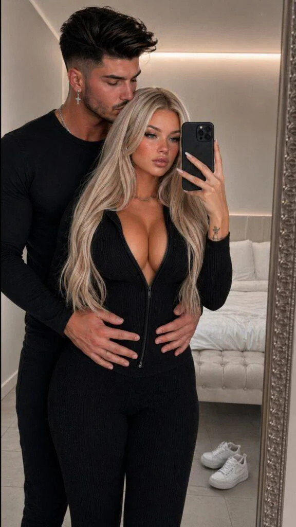 casal elegante tirando selfie no espelho em quarto moderno com roupa preta ajustada e clima intimista prompt casal selfie espelho
