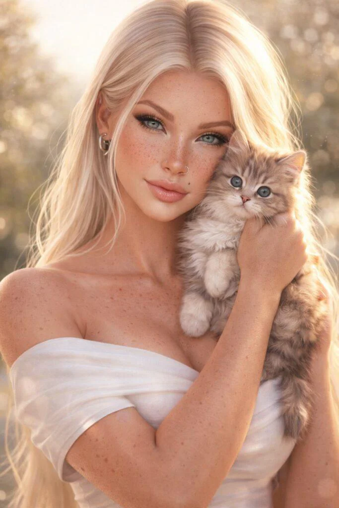 Mulher loira segurando um gato filhote em retrato delicado e iluminacao suave, inspirado em prompt ia imagem feminina realista.