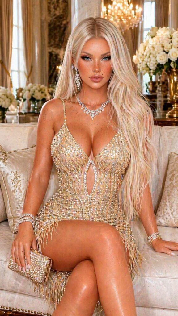 Mulher elegante com vestido dourado brilhante em ambiente luxuoso, inspirada em prompt ia mulher luxuosa realista.