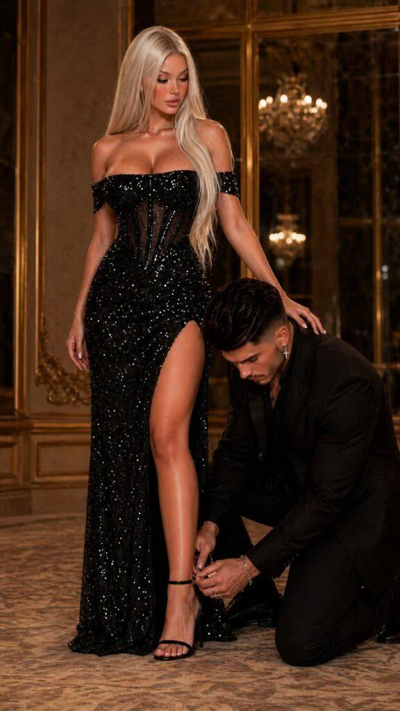 mulher elegante vestido luxo preto com brilho sendo ajudada por homem em ambiente sofisticado prompt mulher elegante vestido luxo