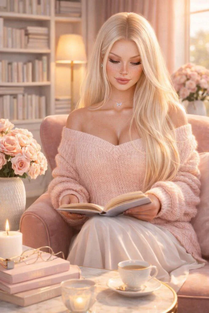 mulher loira lendo livro em poltrona rosa com luz suave e decoracao delicada – prompt mulher lendo livro aconchegante em ambiente elegante