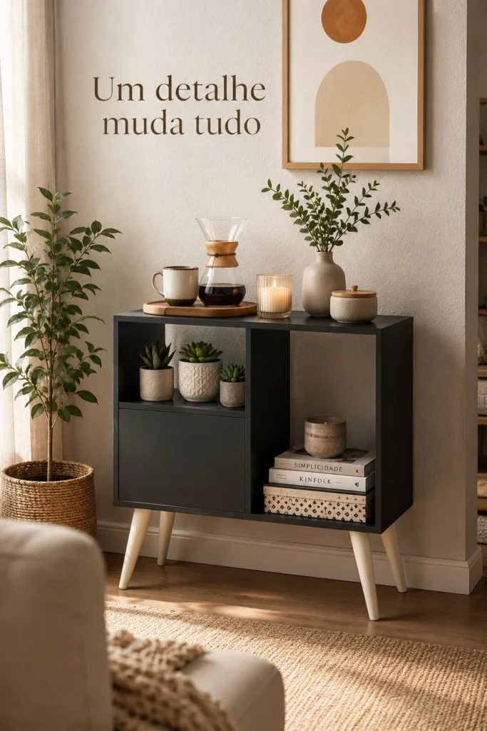 Aparador retrô compacto em MDF decorando sala moderna com café e objetos decorativos, ideal para sala pequena