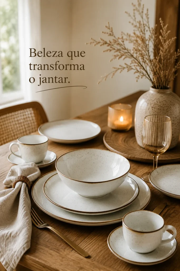 Aparelho de jantar Ryo Maresia branco com pratos e xícara em porcelana sobre composição clean e elegante para mesa posta sofisticada