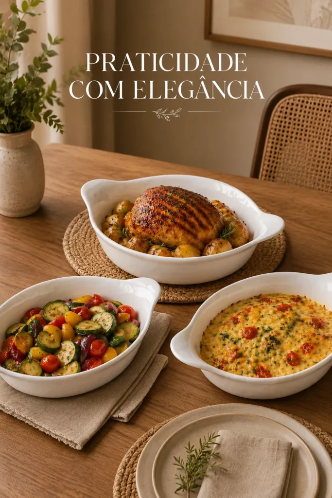 Conjunto de assadeiras opaline Marinex brancas com receitas servidas à mesa em cozinha moderna e aconchegante