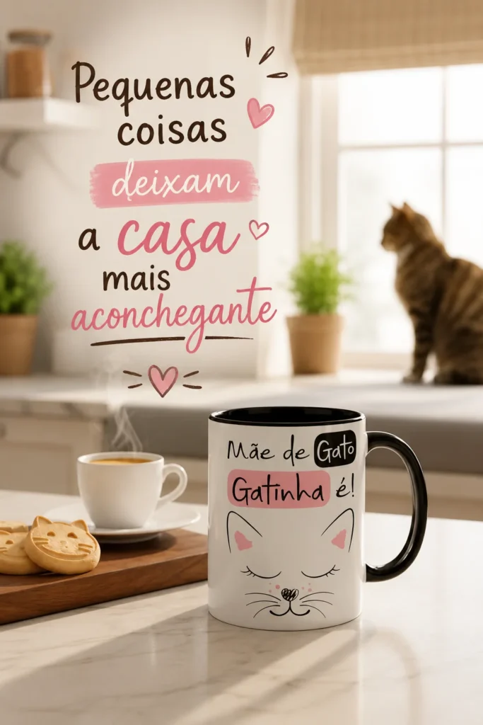 Caneca mãe de gato gatinha em cerâmica com café sobre bancada de cozinha aconchegante