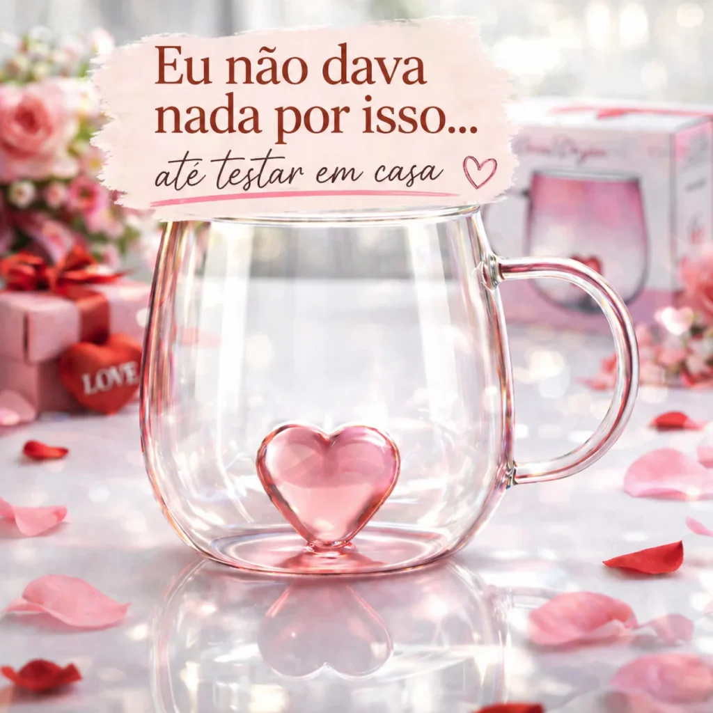 Caneca de vidro borossilicato 400ml com parede dupla e coração interno rosé para café e chá