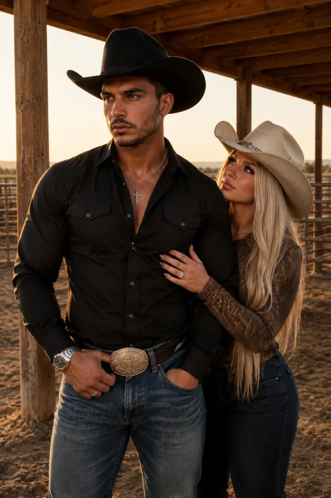 Casal country romântico em cenário de rancho ao pôr do sol, com composição cinematográfica, estilo editorial realista e atmosfera western moderna.