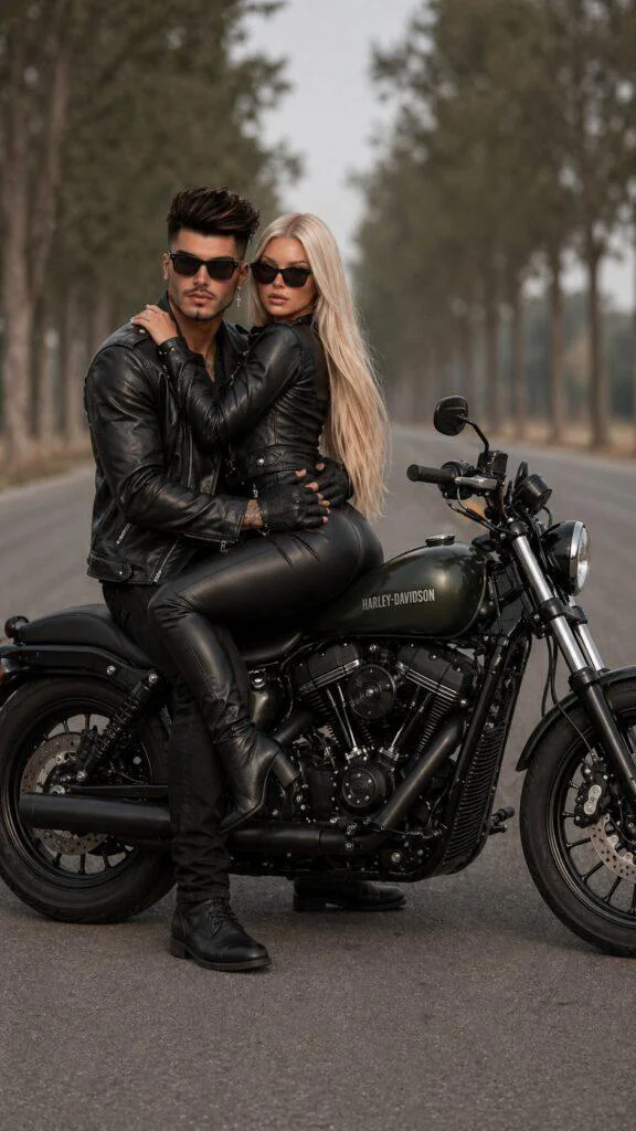 casal estiloso em moto harley davidson com roupas de couro em estrada vazia prompt casal moto estilo biker realista