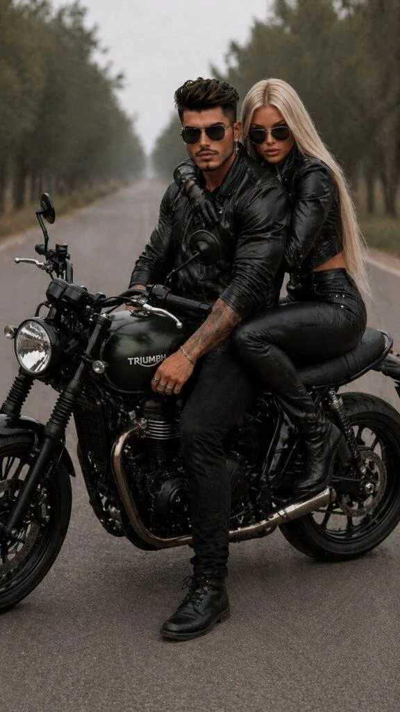 casal estiloso em moto preta estilo biker em estrada com roupas de couro prompt casal moto estilo biker realista