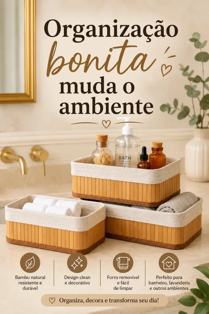 Kit de cestos organizadores de bambu no banheiro organizando toalhas e produtos de higiene