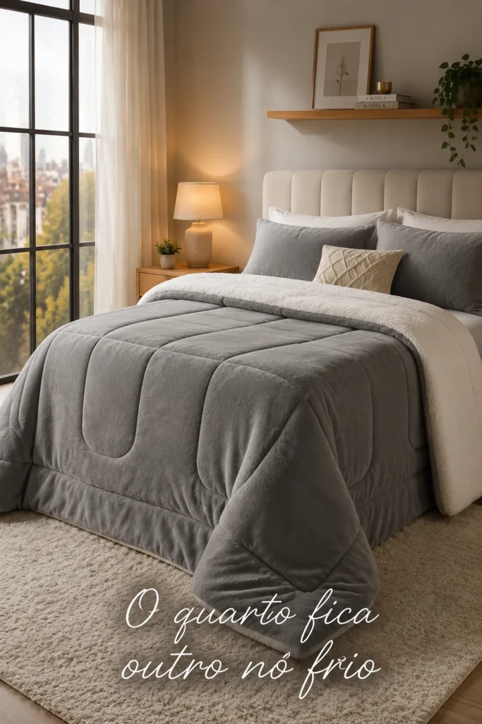 Coberdrom sherpa queen de pelúcia em quarto aconchegante com decoração sofisticada para dias frios