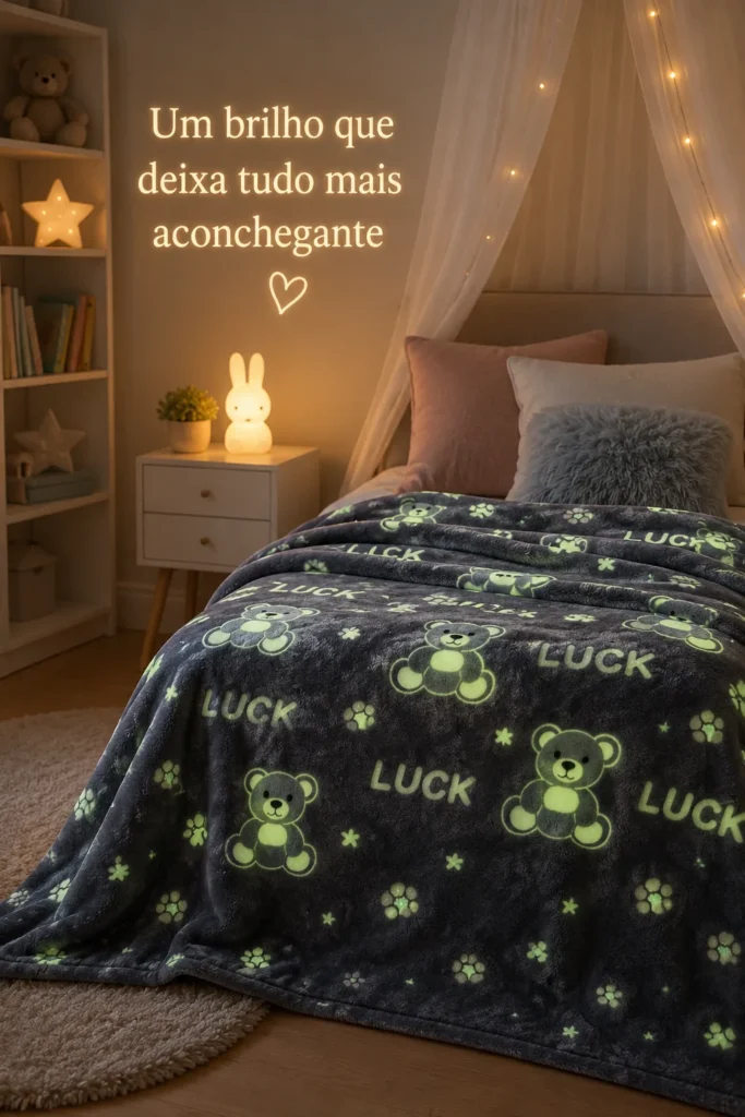 Cobertor infantil brilha no escuro em quarto aconchegante com decoração moderna e iluminação suave