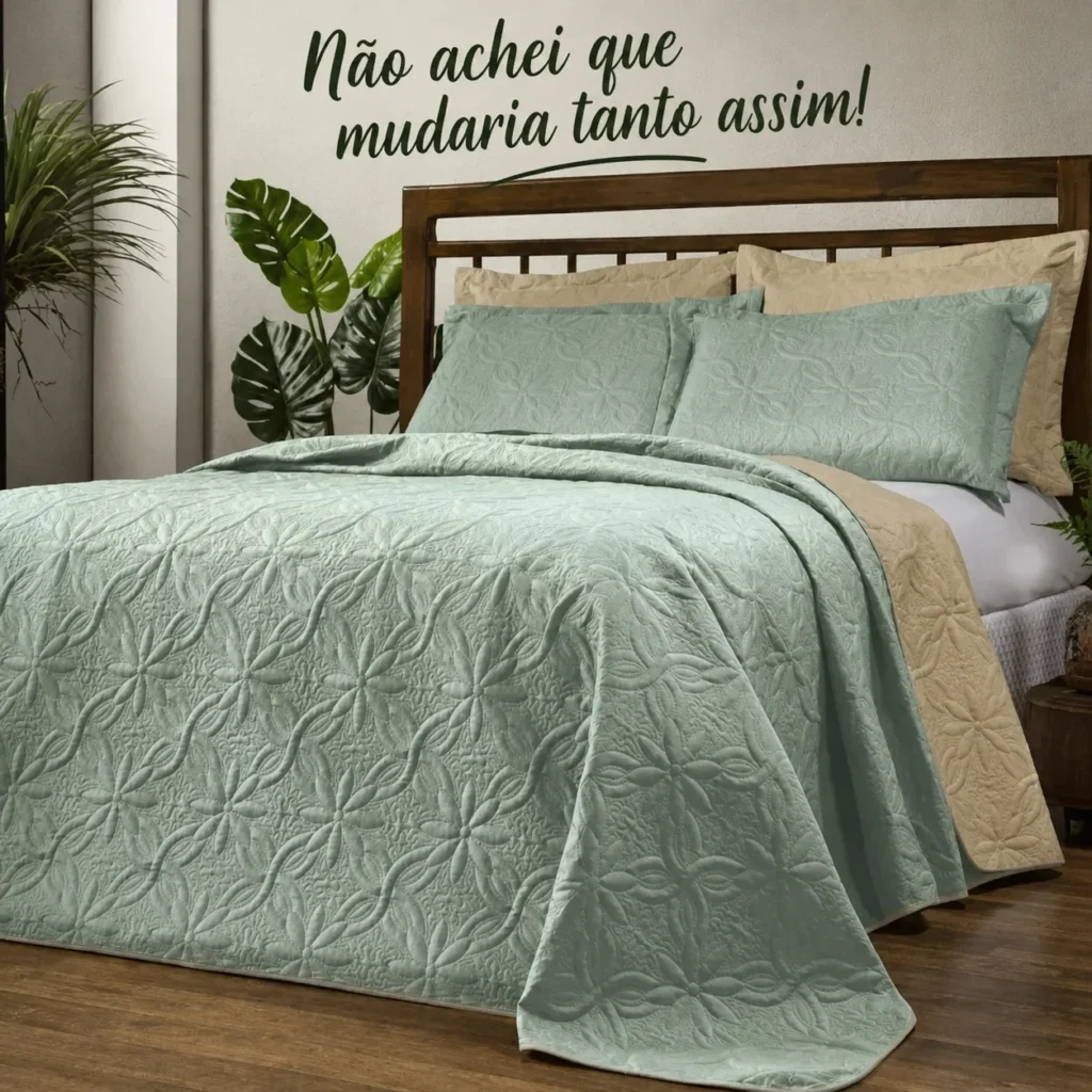 cobre leito queen size matelado verde em microfibra com toque macio sobre cama decorada