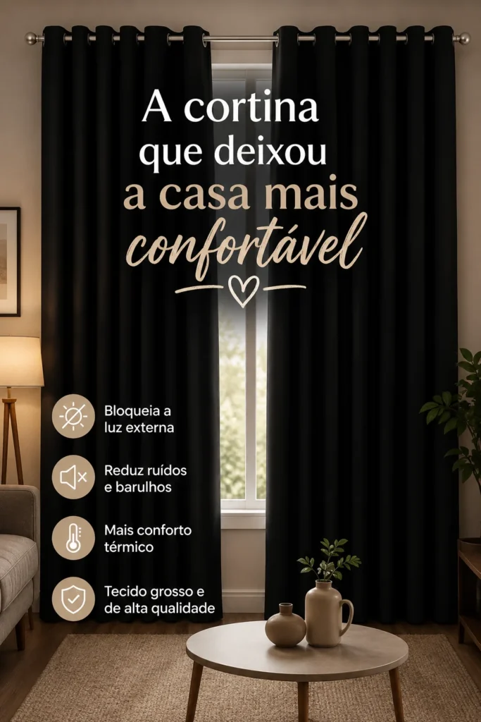 Cortina blackout preta em tecido grosso instalada em sala moderna bloqueando entrada de luz