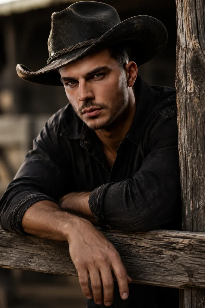Retrato masculino cinematográfico em estilo cowboy, com chapéu escuro e expressão intensa apoiado em cerca de madeira rústica sob iluminação quente dramática.