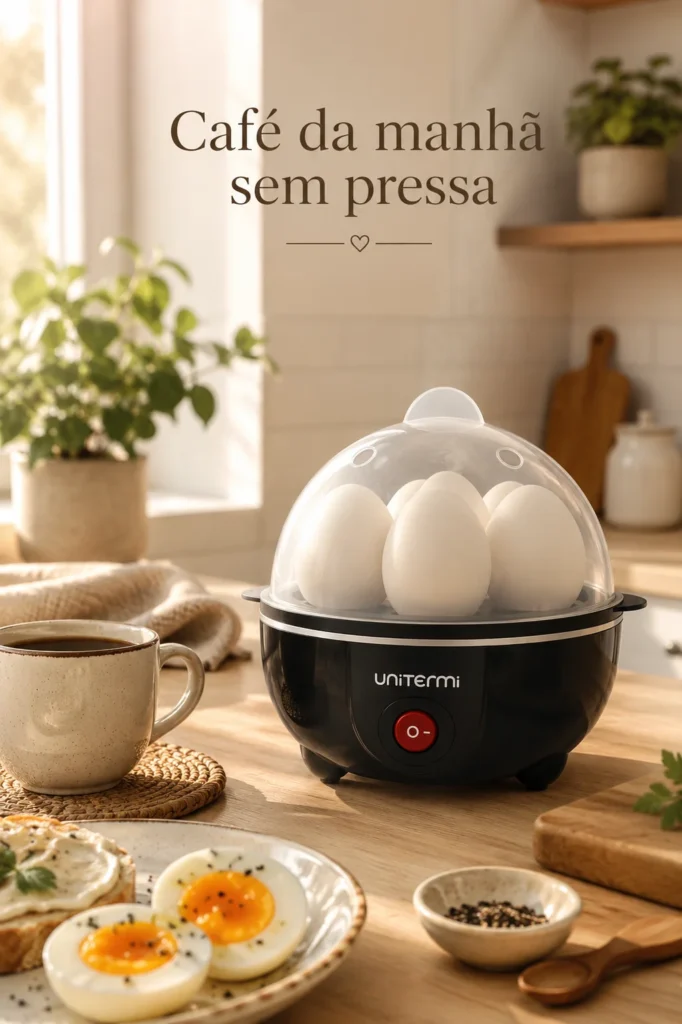 Cozedor de ovos elétrico portátil preparando ovos no vapor em cozinha moderna para café da manhã prático