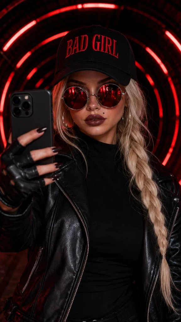 Selfie cyberpunk feminina com neon vermelho em túnel futurista, usando jaqueta de couro preta, óculos espelhados e boné “BAD GIRL” em composição vertical cinematográfica.