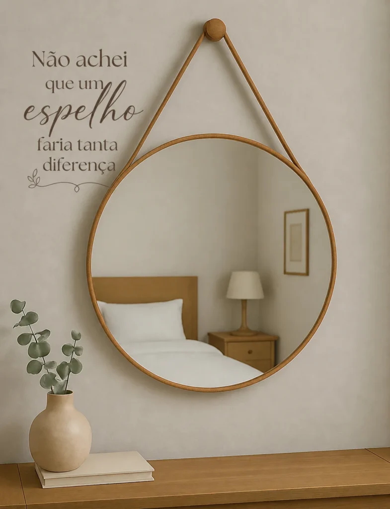 Espelho Adnet redondo suspenso com alça em couro sintético decorando quarto minimalista com móveis em madeira clara