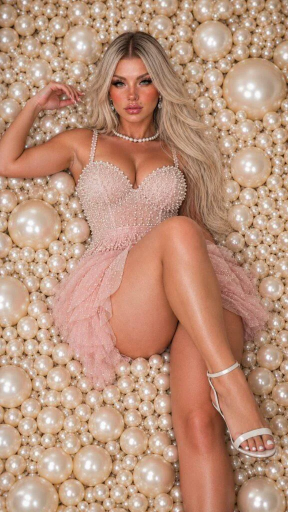 Mulher loira elegante sentada entre pérolas em cenário luxuoso com estética editorial usando prompt ia imagem feminina realista.