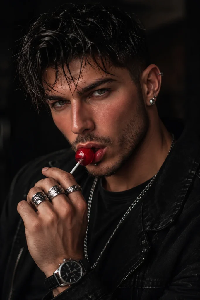 Retrato dark aesthetic de homem com pirulito vermelho, iluminação cinematográfica suave, acessórios metálicos e composição fotográfica realista em close-up.