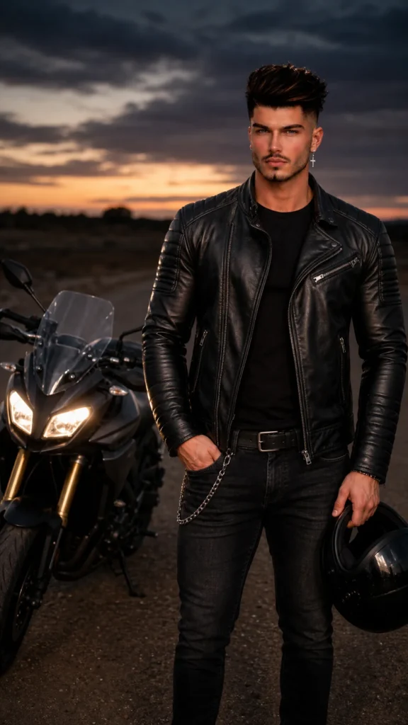 homem com jaqueta de couro ao lado de motocicleta em estrada ao entardecer com iluminacao cinematografica e atmosfera dramática