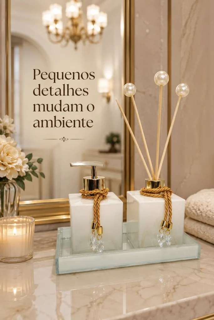 Kit lavabo premium branco degradê com dourado em bandeja decorativa elegante para banheiro sofisticado