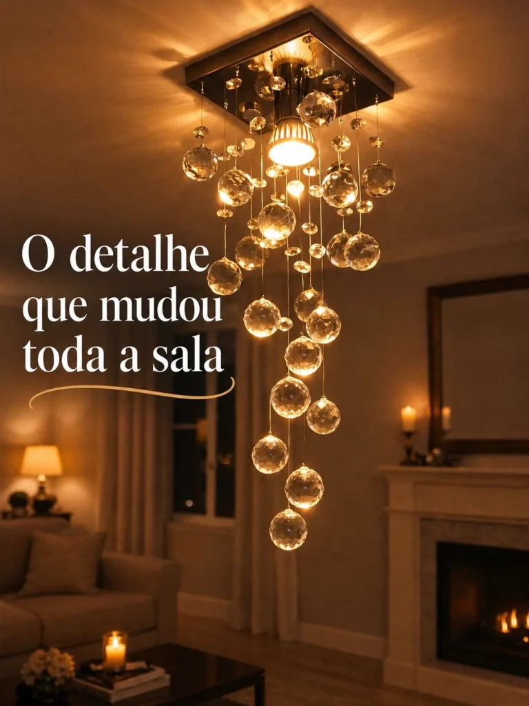 lustre modelo chuva em acrilico transparente com base inox iluminando sala de estar moderna