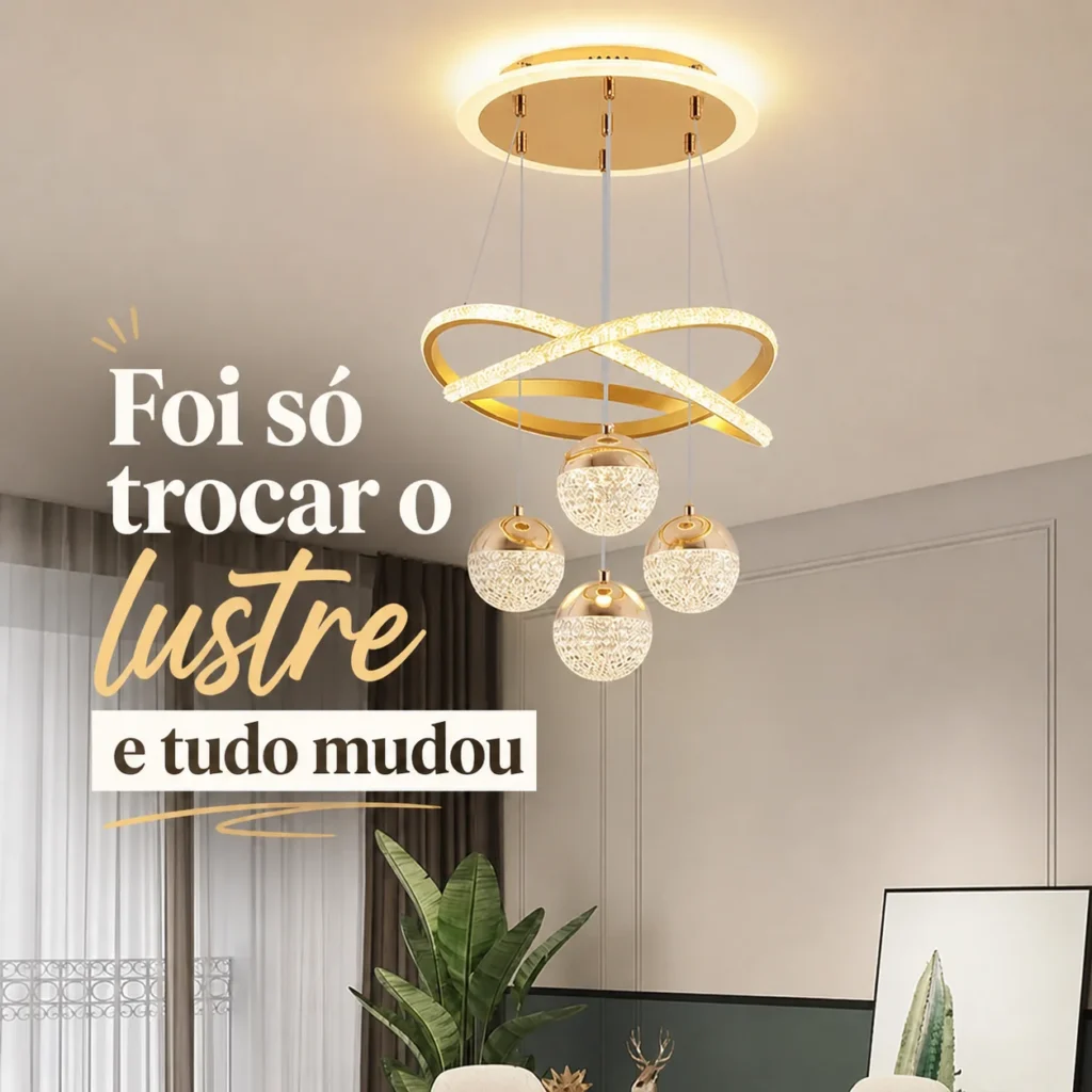 Lustre moderno de cristal acrílico com anel duplo e luz LED tricolor dourado para sala de estar ou quarto