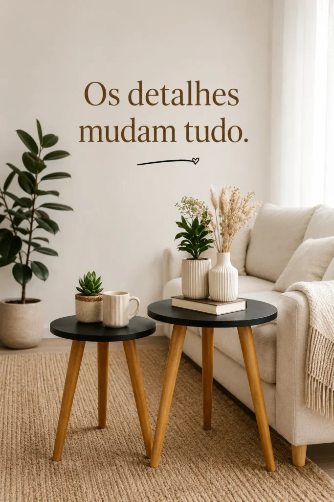 Kit de mesa lateral pé palito branca em sala aconchegante com decoração moderna e elegante