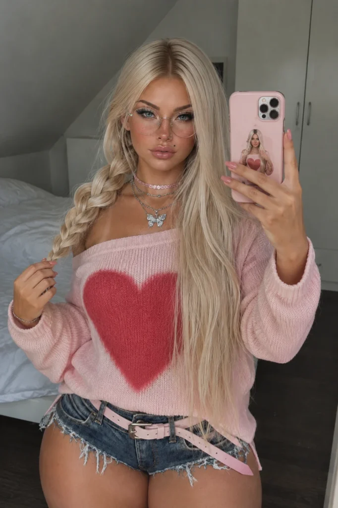 Mirror selfie feminina realista em quarto moderno, com mulher loira usando suéter rosa oversized, shorts jeans e óculos em composição vertical fotográfica.